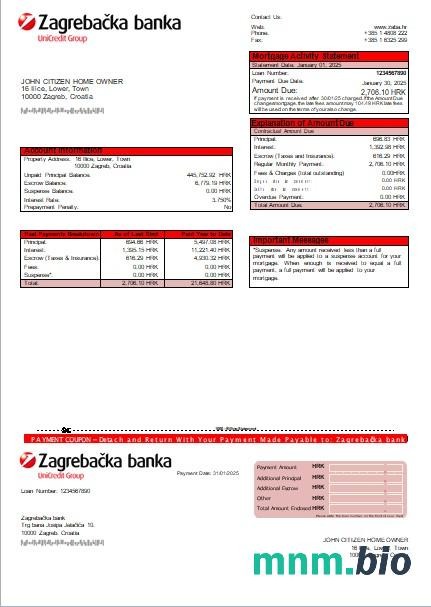 Chorwacja Bank Zagrzebski wyciąg z kredytu hipotecznego szablon Word i PDF